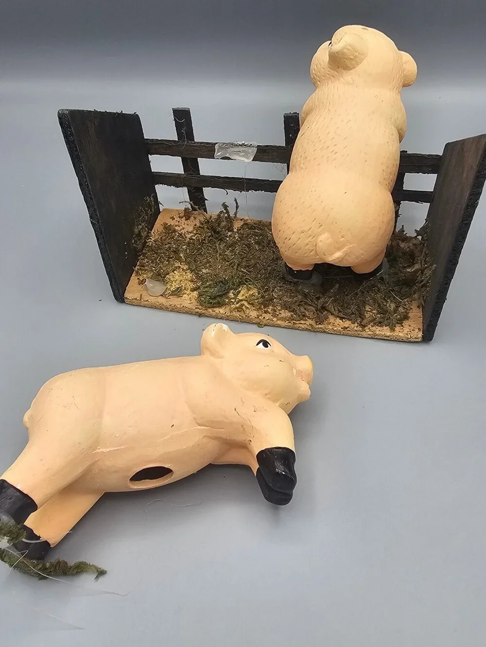 Vintage Ceramic Pig Salt and Pepper Shakers with Wooden Fence Holder